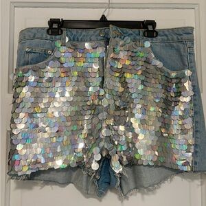 Topshop Holographic Mermaid Sequin Denim Shorts